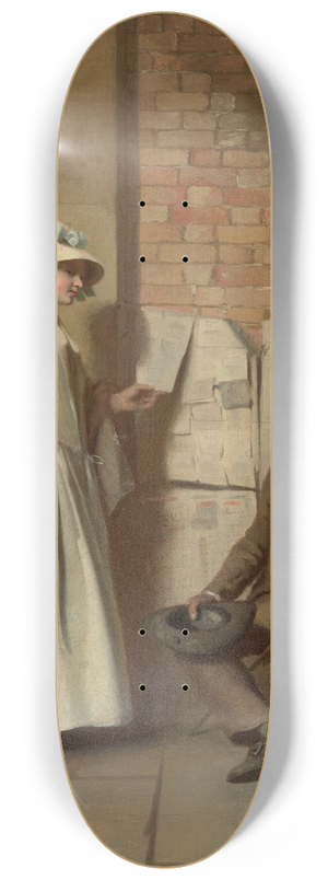 Henry Walton - A girl buying a ballad, in a feigned oval 8.25 inch art skate deck