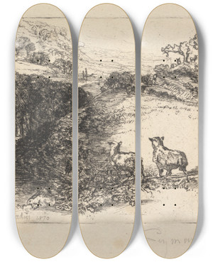 Triptych art skateboard deck of Francis Seymour Haden The Two Sheep by Francis Seymour Haden (1818-1910)