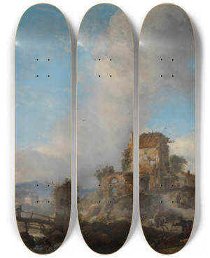 Triptych art skateboard deck of Philips Wouwerman The Stag Hunt by Philips Wouwerman (1619-1668)