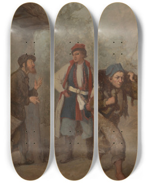 Triptych art skateboard deck of Aleksander Kotsis Haggling Over A Calf by Aleksander Kotsis (1836-1877)