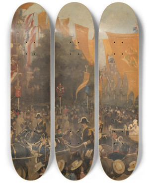 Triptych art skateboard deck of Hobbe Smith Queen Wilhelmina Entering Amsterdam In 1898 by Hobbe Smith (1862-1942)
