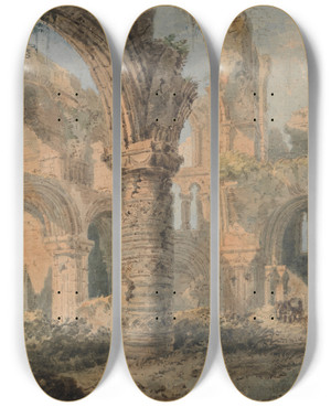 Triptych art skateboard deck of Thomas Girtin Saint Cuthberts Holy Island by Thomas Girtin (1775-1802)