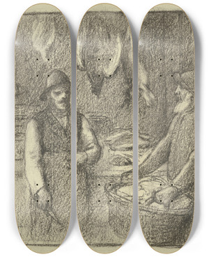 Triptych art skateboard deck of Otto Scholderer Beim Wildbrethndler by Otto Scholderer (1834-1902)