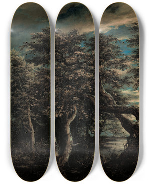 Triptych art skateboard deck of Jacob Van Ruisdael A Marsh In A Forest At Dusk by Jacob Van Ruisdael (1628-1682)