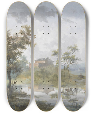 Triptych art skateboard deck of Louis Gabriel Moreau The Rustic River Ford by Louis Gabriel Moreau (1740-1806)