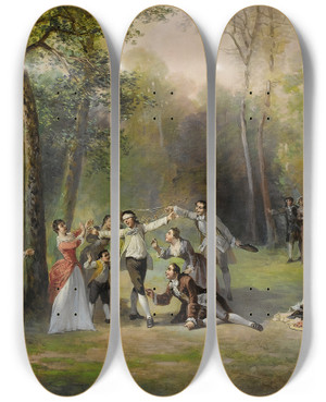 Triptych art skateboard deck of Lonard Saurfelt Blind Mans Bluff by Leonard Saurfelt (1840)