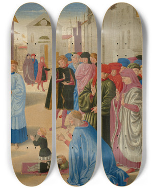 Triptych art skateboard deck of Benozzo Gozzoli Saint Zenobius Resuscitating A Dead Child by Benozzo Gozzoli (1421-1497)