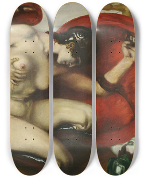 Triptych art skateboard deck of Franz Von Stuck Wounded Amazon by Franz Von Stuck (1863-1928)