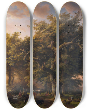 Triptych art skateboard deck of Barend Cornelis Koekkoek Forest Scene by Barend Cornelis Koekkoek (1803-1862)