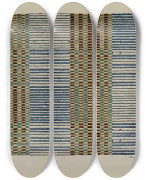 Triptych art skateboard deck of Arthur G Merkley Coverlet by Arthur G Merkley