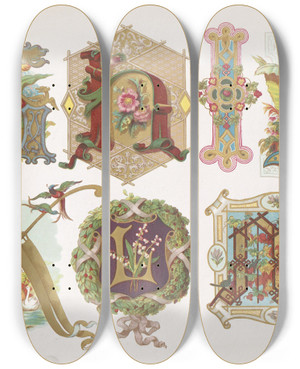 Triptych art skateboard deck of Bernhard Dondorf Dondorfs Alphabete Pl33 by Bernhard Dondorf (1833-1933)