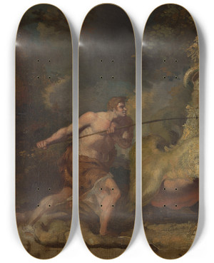 Triptych art skateboard deck of John Hamilton Mortimer Man Attacking A Monster by John Hamilton Mortimer (1740-1779)