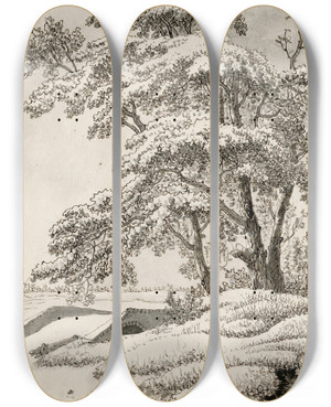 Triptych art skateboard deck of Barend Hendrik Thier Bruggetje Over Beek Bij Bomen by Barend Hendrik Thier (1751-1814)