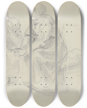 Triptych art skateboard deck of Anton Burger Zwei Bauersfrauen Im Gesprch by Anton Burger (1824-1905)