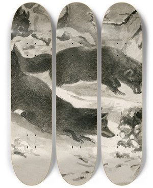 Triptych art skateboard deck of Floris Verster Two Foxes In The Snow by Floris Verster (1861-1927)