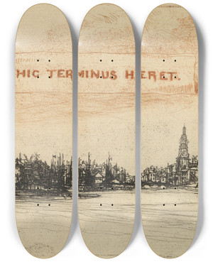 Triptych art skateboard deck of Francis Seymour Haden Amstelodamum No 1 by Francis Seymour Haden (1818-1910)