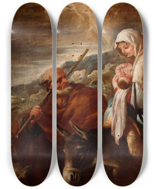 Triptych art skateboard deck of Luca Giordano Flight Into Egypt by Luca Giordano (1634-1705)