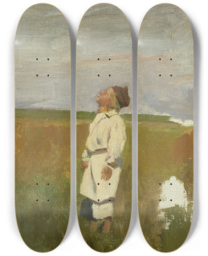 Triptych art skateboard deck of Jozef Chelmonski Study For Storks Shepherd Boy by Jozef Chelmonski (1849-1914)