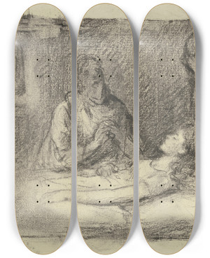 Triptych art skateboard deck of Otto Scholderer At The Sickbed_1 by Otto Scholderer (1834-1902)