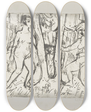 Triptych art skateboard deck of Ernst Ludwig Kirchner Im Walde Spielende Mdchen by Ernst Ludwig Kirchner (1880-1938)