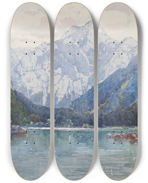Triptych art skateboard deck of Fritz Lach Leopoldsteinersee by Fritz Lach (1868-1933)