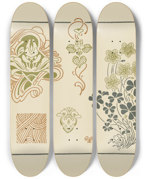 Triptych art skateboard deck of George Auriol Abstract Design Based On Flowers And Leaves by George Auriol (1863-1938)