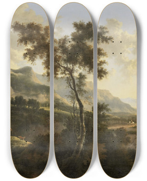 Triptych art skateboard deck of Jan Hackaert Mountainous Landscape by Jan Hackaert (1629-1700)