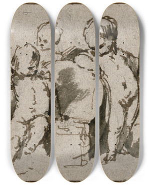 Triptych art skateboard deck of Jacob De Wit Putti Bij Een Wijnkuip by Jacob de Wit (1695-1754)