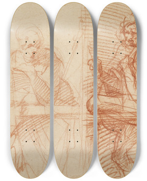 Triptych art skateboard deck of Andrea Del Sarto Study Of Figures Behind A Balustrade_1 by Andrea del Sarto (1486-1530)