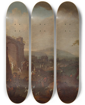 Triptych art skateboard deck of Karl Josef Aigen Jahrmarkt Vor Einem Stadttor by Karl Josef Aigen (1684-1762)