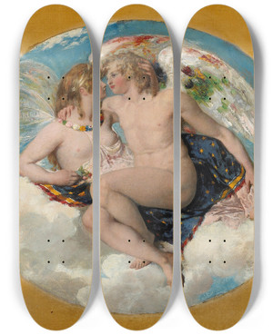 Triptych art skateboard deck of William Etty Cupid And Psyche by William Etty (1787-1849)