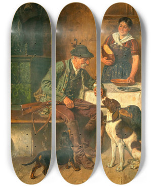 Triptych art skateboard deck of Adolf Eberle A Hunter Resting Joyful Welcome by Adolf Eberle (1843-1914)