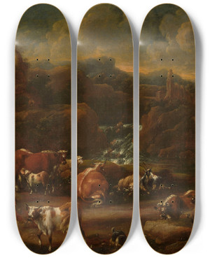Triptych art skateboard deck of Philipp Peter Roos Herd In The Mountains by Philipp Peter Roos (1657-1706)