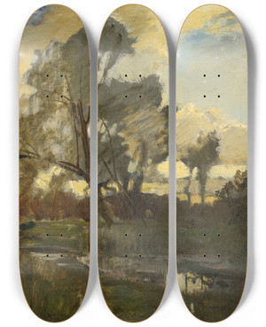 Triptych art skateboard deck of Emil Jakob Schindler Scene From The Prater by Emil Jakob Schindler (1842-1892)