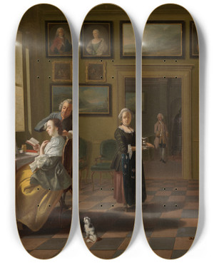 Triptych art skateboard deck of Justus Juncker Bei Der Morgentoilette by Justus Juncker (1703-1767)