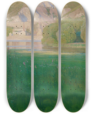 Triptych art skateboard deck of Carl Moll Abenddmmerung Steinbruch An Der Donau by Carl Moll (1861-1945)