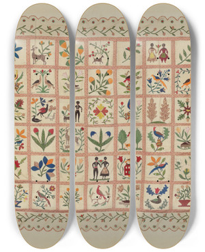 Triptych art skateboard deck of Arlene Perkins Applique Bedspread by Arlene Perkins