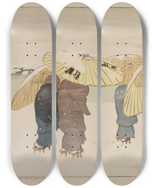 Triptych art skateboard deck of Helen Hyde A Snowy Day by Helen Hyde (1868-1919)