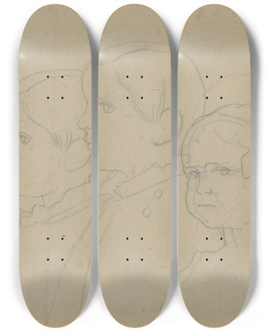 Triptych art skateboard deck of Jakob Becker Studienblatt Drei Jungenkpfe by Jakob Becker (1810-1872)