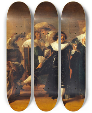Triptych art skateboard deck of Anthonie Palamedesz Scne De Cabaret by Anthonie Palamedesz (1601-1673)