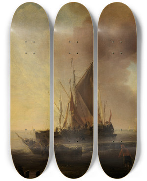 Triptych art skateboard deck of Jan Van De Cappelle Fischerboote Am Strand by Jan van de Cappelle (1626-1679)