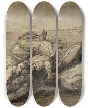 Triptych art skateboard deck of Alexander Runciman Hero And Leander by Alexander Runciman (1736-1785)
