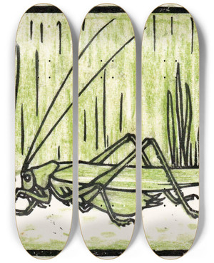 Triptych art skateboard deck of Julie De Graag Sprinkhaan_1 by Julie de Graag (1877-1924)