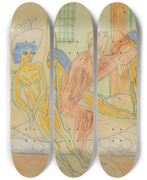 Triptych art skateboard deck of Axel Trneman Brothel Scene by Axel Torneman (1880-1925)