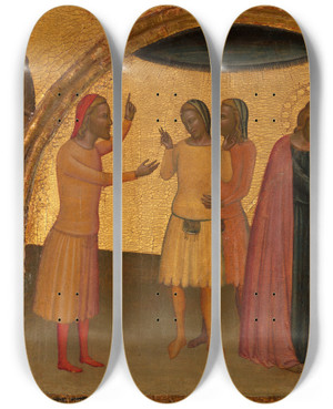 Triptych art skateboard deck of Francescuccio Ghissi Saint John The Evangelist With Acteus And Eugenius by Francescuccio Ghissi (1359-1395)