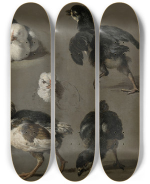 Triptych art skateboard deck of Melchior Dhondecoeter Seven Chicks by Melchior d'Hondecoeter (1636-1695)