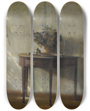 Triptych art skateboard deck of Carl Holse A Sunlit Interior by Carl Holsoe (1863-1935)