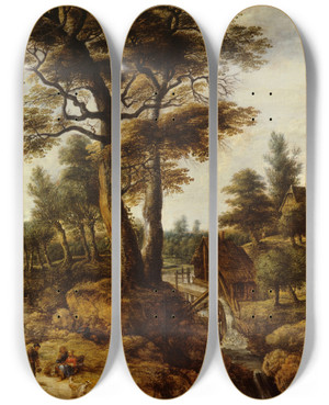 Triptych art skateboard deck of Lucas Van Uden Water Mill by Lucas Van Uden (1595-1672)