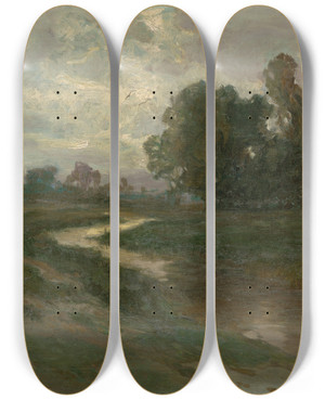 Triptych art skateboard deck of Josef Ullmann Night Landscape With A Brook by Josef Ullmann (1870-1922)