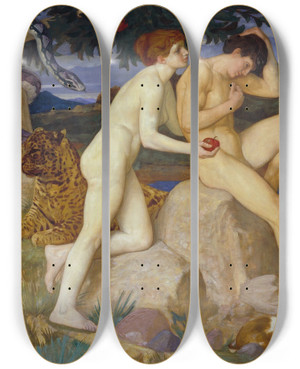 Triptych art skateboard deck of William Strang The Temptation by William Strang (1859-1921)